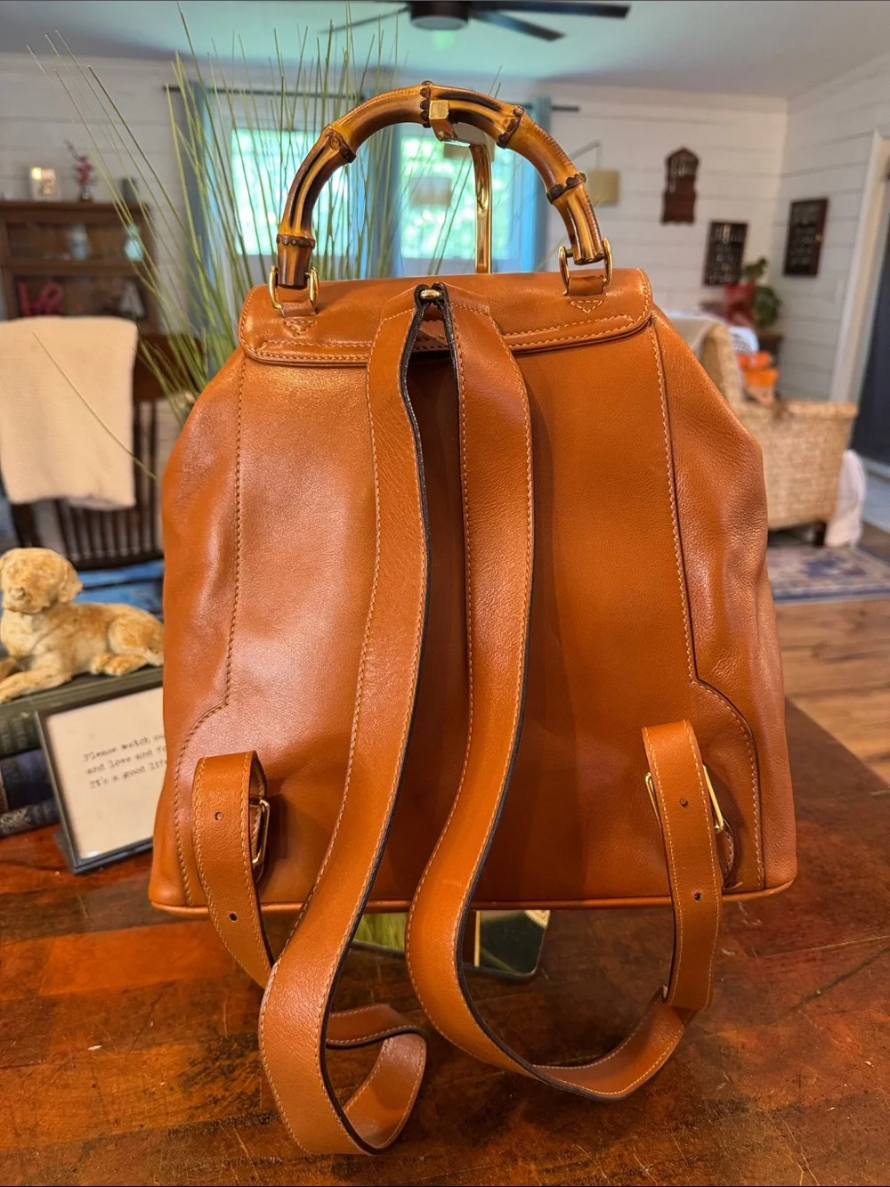🩵Gucci Vintage (1990s) Tan Leather Bamboo-Handle Backpack - Authentic